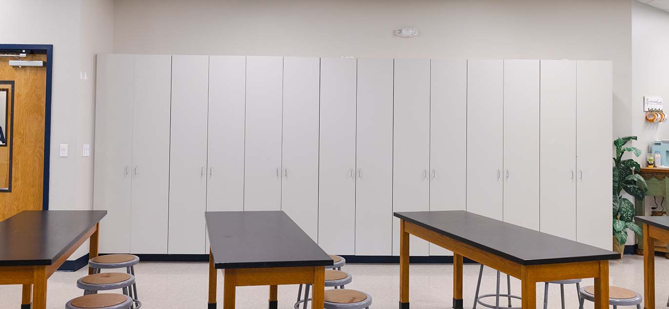 White cabinets in a classroom