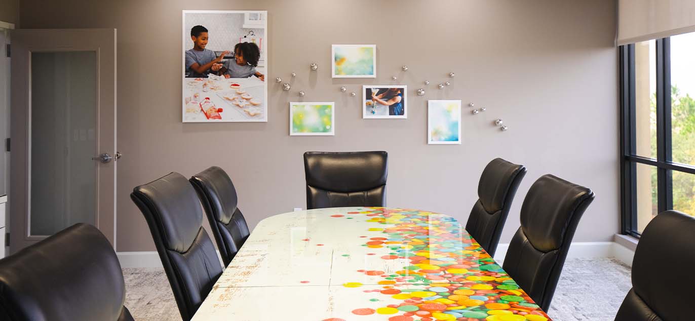 Conference room with colorful table